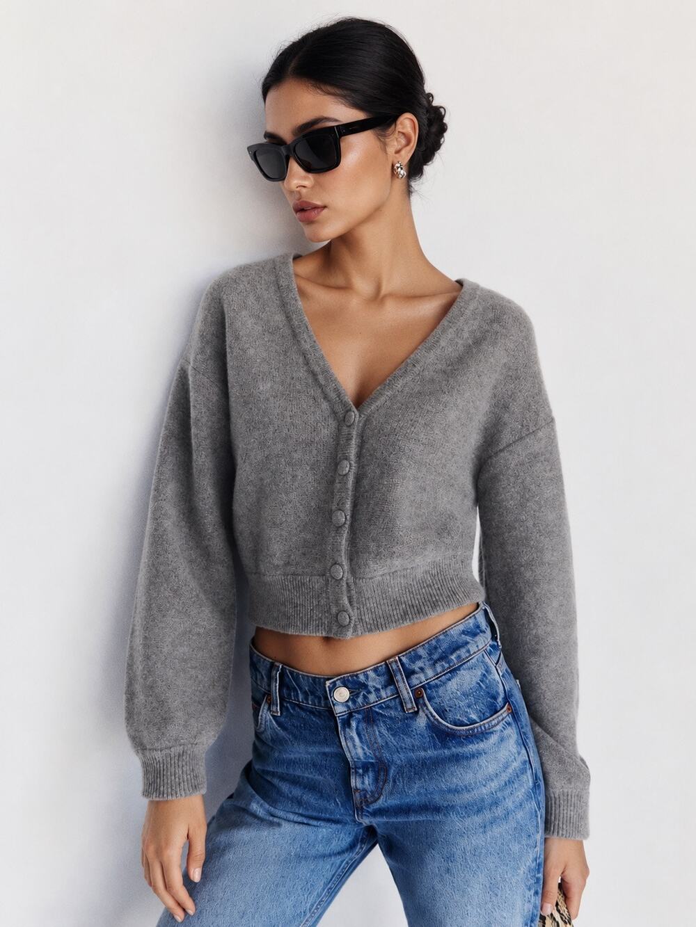 Reformation Sloane Regenerative Wool Cropped V-Neck Cardigan Small Mid Grey